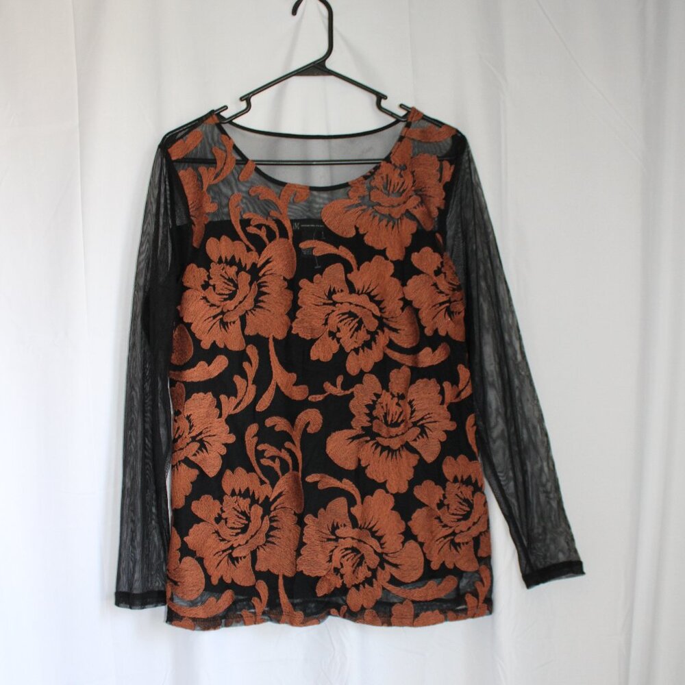 INC International NWOT Bronze Floral Embroidered Mesh Sheer Long Sleeve Top XL